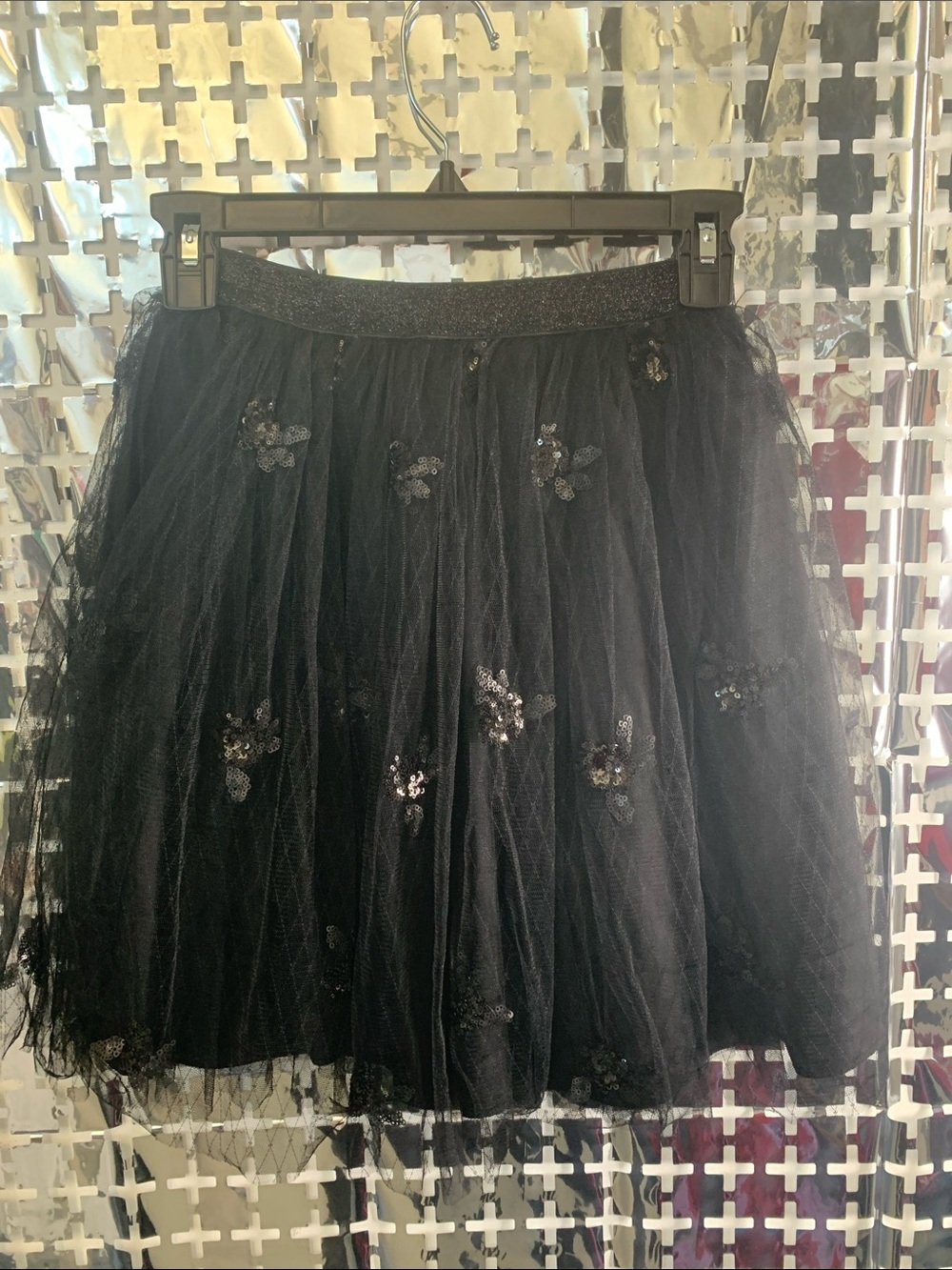 Black Sequin Tulle Mini Skirt with Glitter Waistband